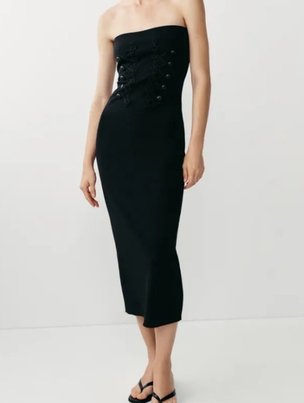 Zara Strapless Black Stretch Knit Midi Dress-Dress with Button Detail Sz-L